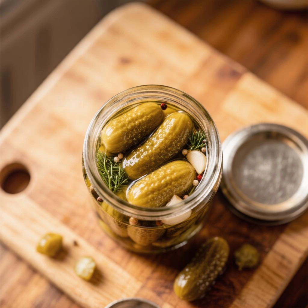 открытая банка с хрустящими маринованными огурцами