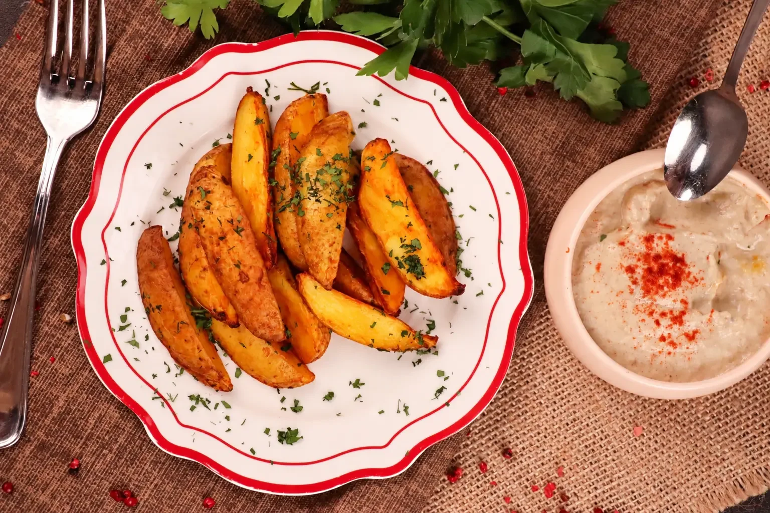 Картофель по-деревенски с соусом из баклажанов